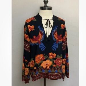 12-1 Rachel Zoe Black Blouse Top Parrot Bird Small